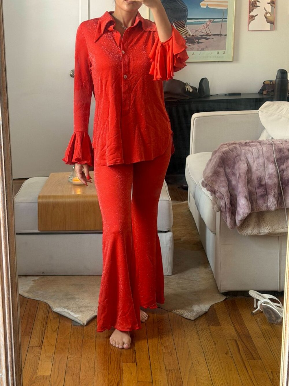 Sleeper Red Lurex Flare Pants — Small, NWOT